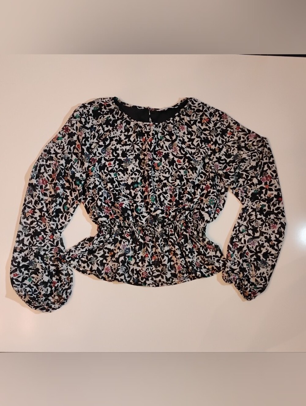 Only -Floral Smocked Waist Long-Sleeve Peplum Top - Black Floral M